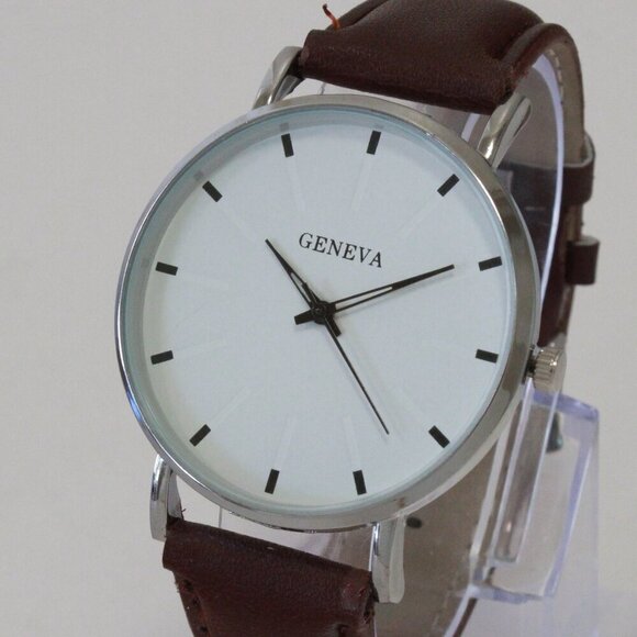 Men's Minimalist Fashion Watch Silver Case White Dial Brown Strap 40mm - Picture 7 of 14